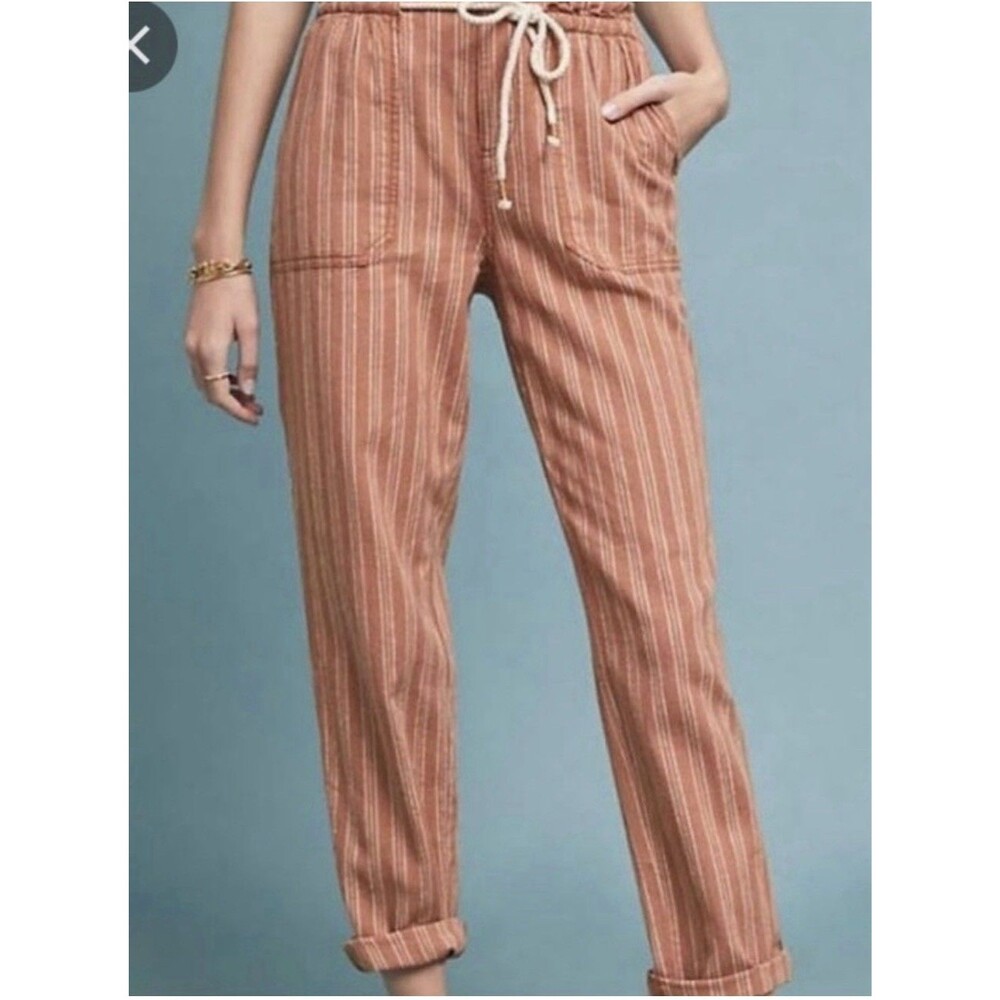 Anthropologie Seashore Striped High Rise Tapered Linen Pant Orange Small Coastal